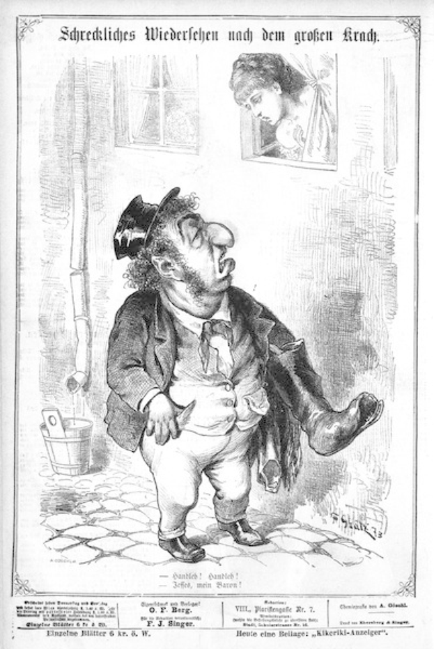 Ein Cartoon von einem Mann mit Zylinder und einer Frau in einem Kleid, mit einer Wand, einem Fenster, einem Eimer und anderen Gegenständen im Hintergrund. Unten steht der Text "F. J. Singer, der erste deutsche Politiker, der in den Kongress gewählt wurde".