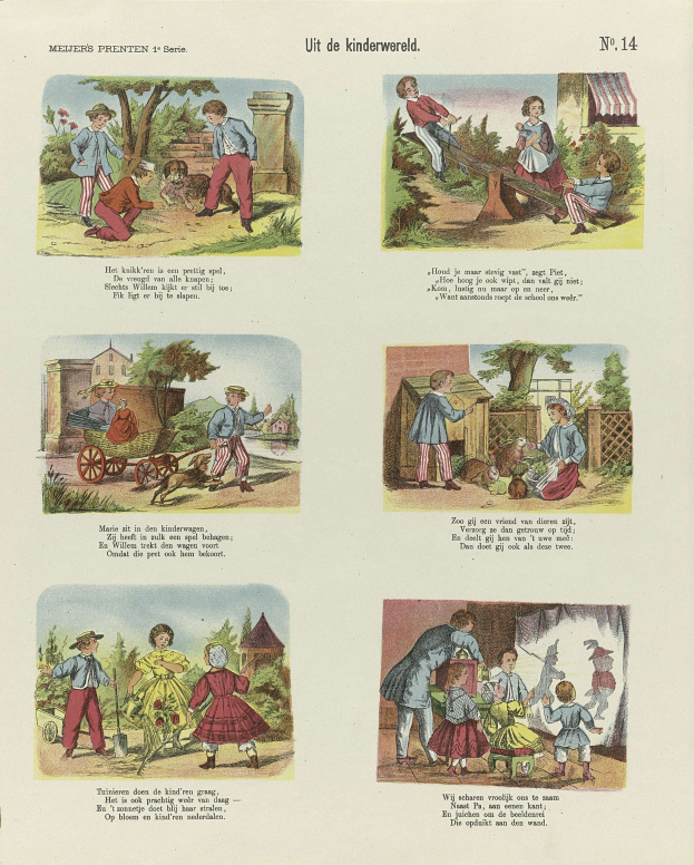 Offenes Buch mit Illustrationen von spielenden Kindern in einem Park, umgeben von Bäumen, Gebäuden und einem Wagen, zusammen mit Text.