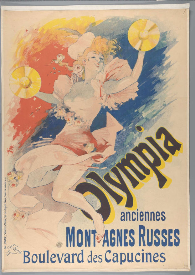 Plakat für die Olympischen Spiele in Mont-Agnes-Russes, Frankreich, mit einer Frau in buntem Kleid, die einen Fächer hält, und Textbeschreibung des Ereignisses.