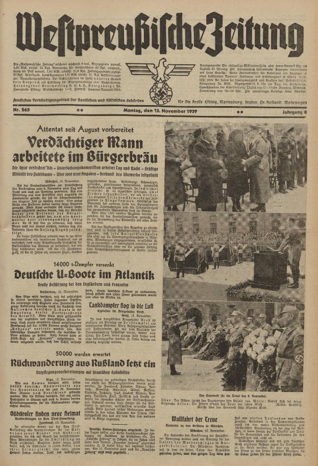 Schwarze-weiße Titelseite einer deutschen Zeitung vom 13. November 1939 mit der Schlagzeile 'Weitpreubliche Zeitung' und einem Foto von Menschen in traditioneller deutscher Tracht.