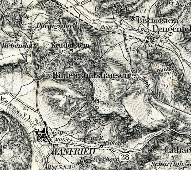 Ein altes, detailliertes Stadtplan von Wannfried, Deutschland, das Straßen, Gebäude und andere Merkmale mit Textanmerkungen zeigt.