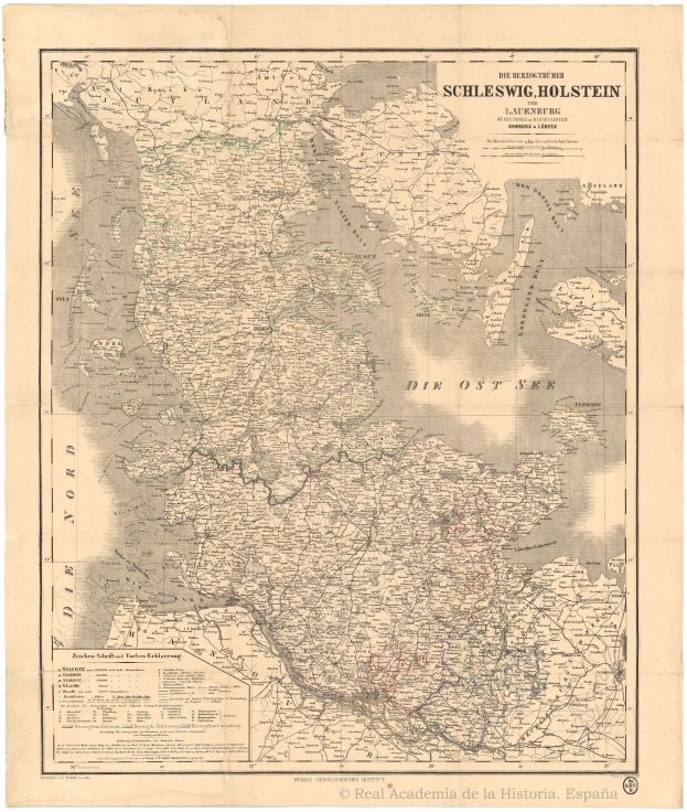 Ein altes Deutschland-Karte mit sichtbaren Provinzen von Schleswig-Holstein und dem Rhein, auf Papier gedruckt mit beschreibendem Text.