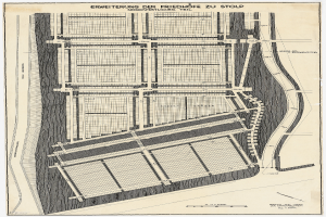 Ein altes Stadtplan mit zahlreichen Gebäuden und einem Stadtplan, mit Text zur Stadtplanung.