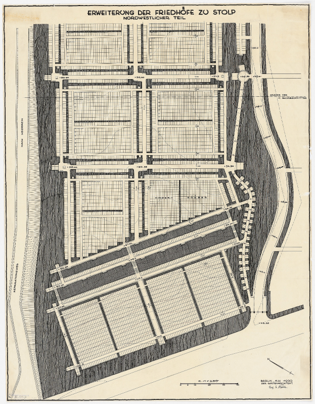 Ein altes Stadtplan mit zahlreichen Gebäuden und einem Stadtplan, mit Text zur Stadtplanung.