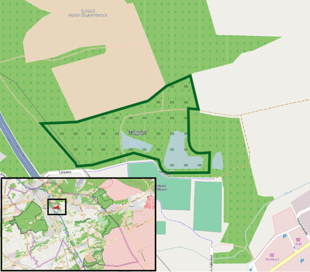 Eine Stadtkarte mit einem grünen Bereich in der Mitte, der den Standort eines geplanten Geländes anzeigt, zeigt die Grenzen von Gebäuden, Straßen und anderen Stadtmerkmalen.