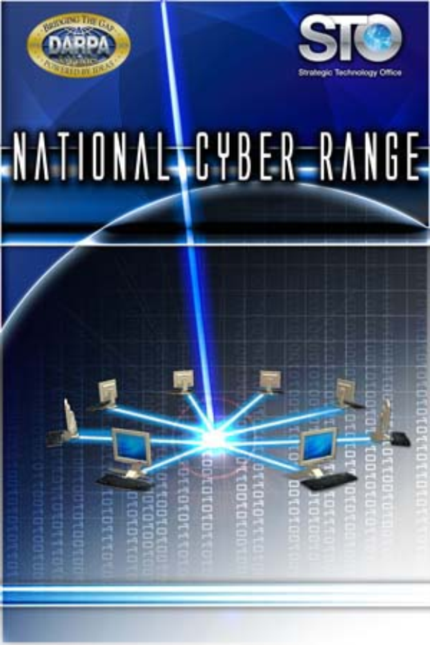 Ein Plakat mit "National Cyber Range" in fetter weißer Schrift auf einem blauen Hintergrund, das eine Weltkugel mit mehreren angeschlossenen Computern zeigt.