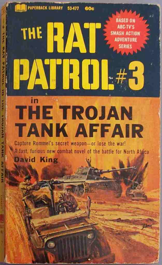 Ein Buchumschlag mit Armee-Panzern und Jeeps in einer Kriegszene mit Text über der Illustration.