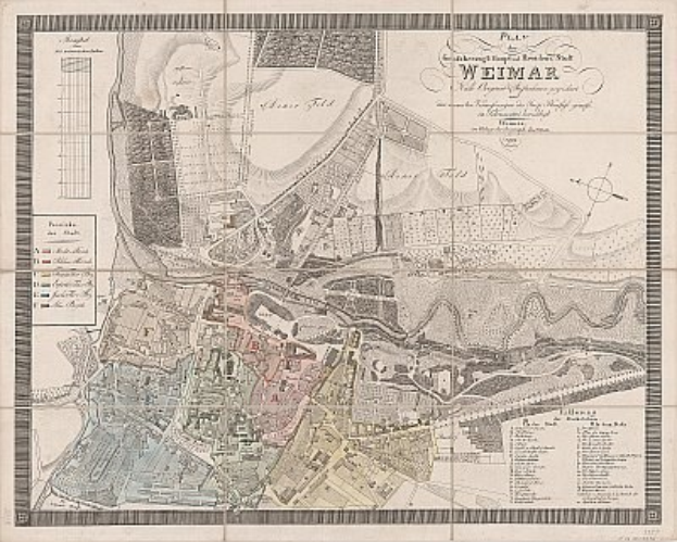 Ein detailliertes altes Stadtplan von Weimar, Deutschland, der Straßen, Gebäude und Sehenswürdigkeiten zeigt, mit begleitendem Text über die Bevölkerung und Merkmale der Stadt.
