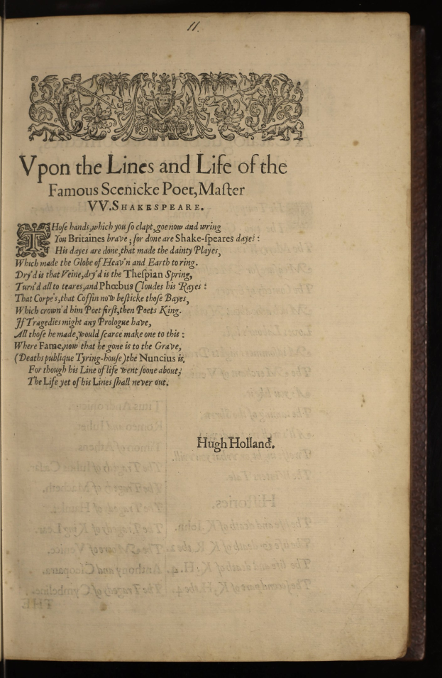 Offenes Buch mit dem Titel "Vpon the Lines and Life of the Famous Scenic Poet, Mater" auf dunklem Hintergrund.