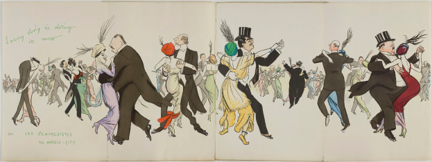 Ein aufgeschlagenes Buch mit einer Zeichnung einer Gruppe von Menschen in bunten Kostümen unter einem hellblauen Himmel mit weißen Wolken, mit dem Text "Les Vendredières de Magic City" auf der linken Seite.