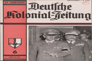 Ein Buch mit dem Titel "Deutsches Kolonial-Feitung" aus dem November 1940, das ein Coverbild von Adolf Hitler zeigt, der von Menschen mit Mützen umgeben ist.