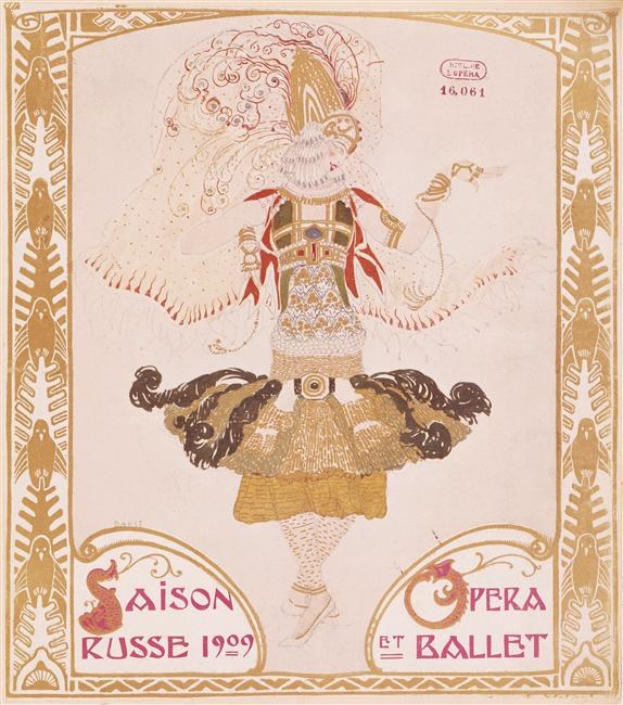 Plakat für eine 1909er Pariser Ballettvorstellung mit dem Titel "Saison Russe", das eine gemalte Tänzerin in einer anmutigen Pose zeigt, mit "Opera et Ballet" in fetter Schrift darüber.