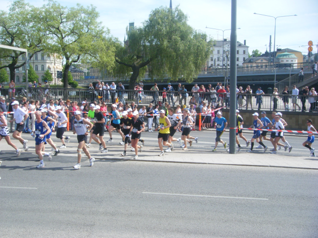 Eine Gruppe von Läufern bei einem Marathon auf einer Straße, die von einem Metallzaun gesäumt ist, mit Zuschauern auf dem Gehweg, einer Ziellinienbanderole, Barrieren, Pfosten, Schildern, einer Brücke, Gebäuden, Bäumen und einem bewölkten Himmel.