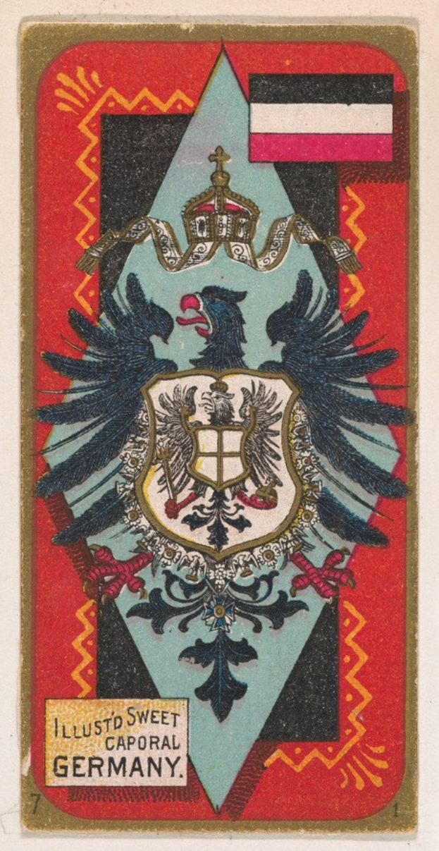 Alte deutsche Spielkarte mit einem Wappen, Logo und Text, die einen klassischen und zeitlosen Design zeigt.
