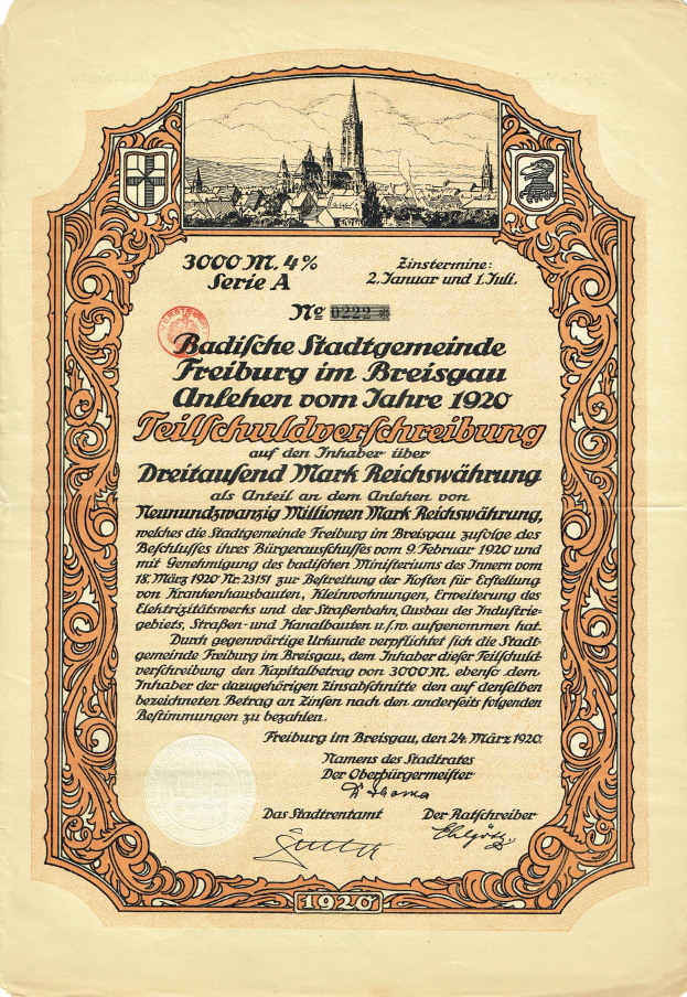 Altes deutsches Aktienzertifikat mit einer Abbildung einer Stadt und gedrucktem Text, der wahrscheinlich den Ursprung der Aktie beschreibt.