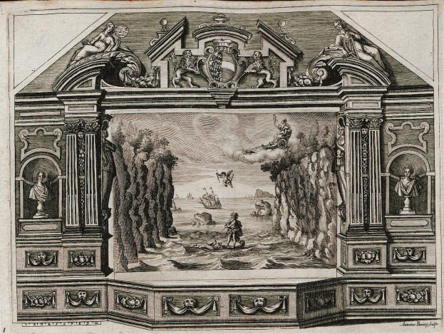 Schwarze und weiße Gravur eines Raums mit einem 16. Jahrhundert-Szenenbild an der Wand, das Statuen, Menschen, Bäume und andere Gegenstände sowie dekorativen Text am unteren Rand zeigt.
