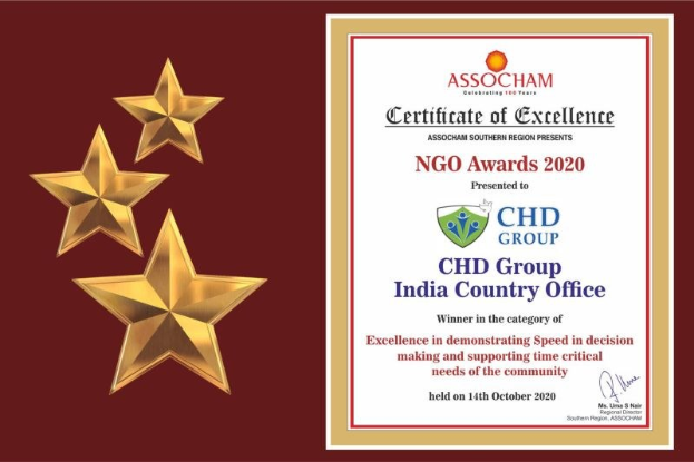 Auszeichnung "Exzellenz" für die NGO Awards 2020 mit dem Text "Chd Group India Country Office" und einem Schild-Logo mit einem zentralen Stern und einem Lorbeerkranz.