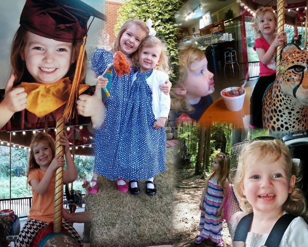 Ein Collage-Bild mit Vergnügungsparkteilen, einem Tisch mit Essensgegenständen einschließlich einer Tasse und einem Löffel, verschiedenen Gegenständen, Lichtern, einer Wand, Büschen, Bäumen, Gras, einem Seil und einem Hut.
