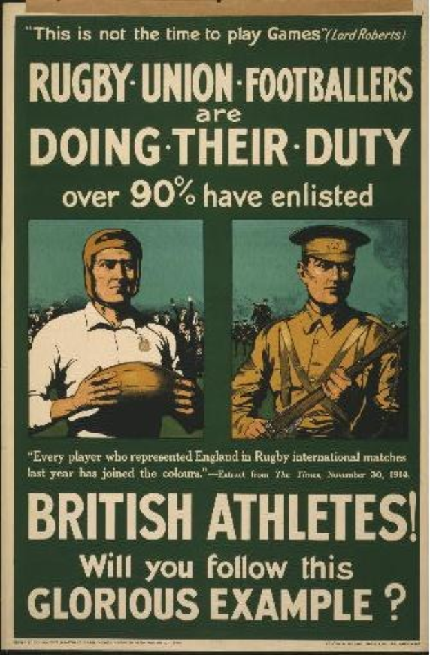 Zwei Rugbyspieler auf einem Plakat, das britische Athleten zur Einberufung aufruft, mit begleitendem Text.