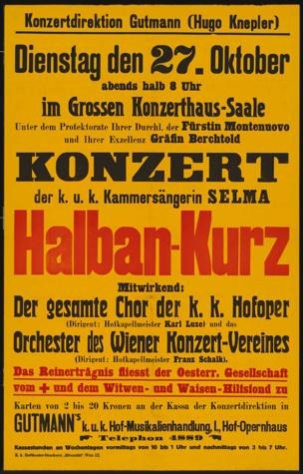 Ein gelbes Plakat, das ein Konzert mit dem Titel "Konzert Halban-Kurz" in Berlin, Deutschland, ankündigt.