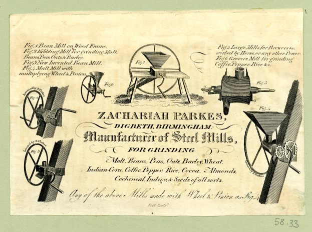 Eine Zeitungsannonce für Zachariah Parkes, die Bilder von Stahlmühlen und Text enthält, der ihre Verwendung für das Mahlen beschreibt.