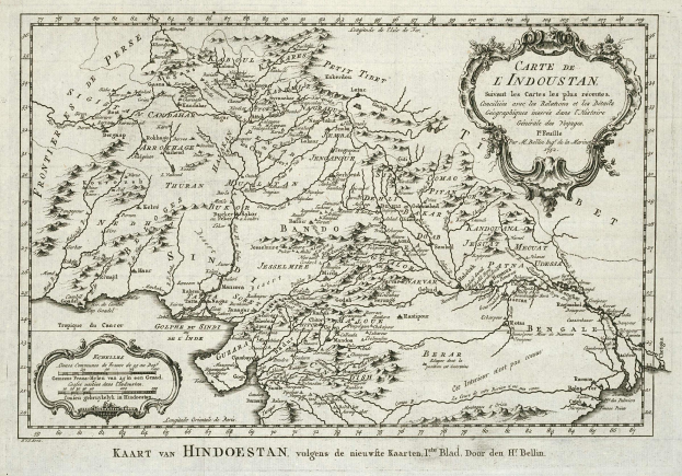Ein altes Indien- und Himalaya-Karte, detailliert mit geografischen Merkmalen wie Flüssen, Bergen und Städten, mit Text in einer klassischen Schriftart.