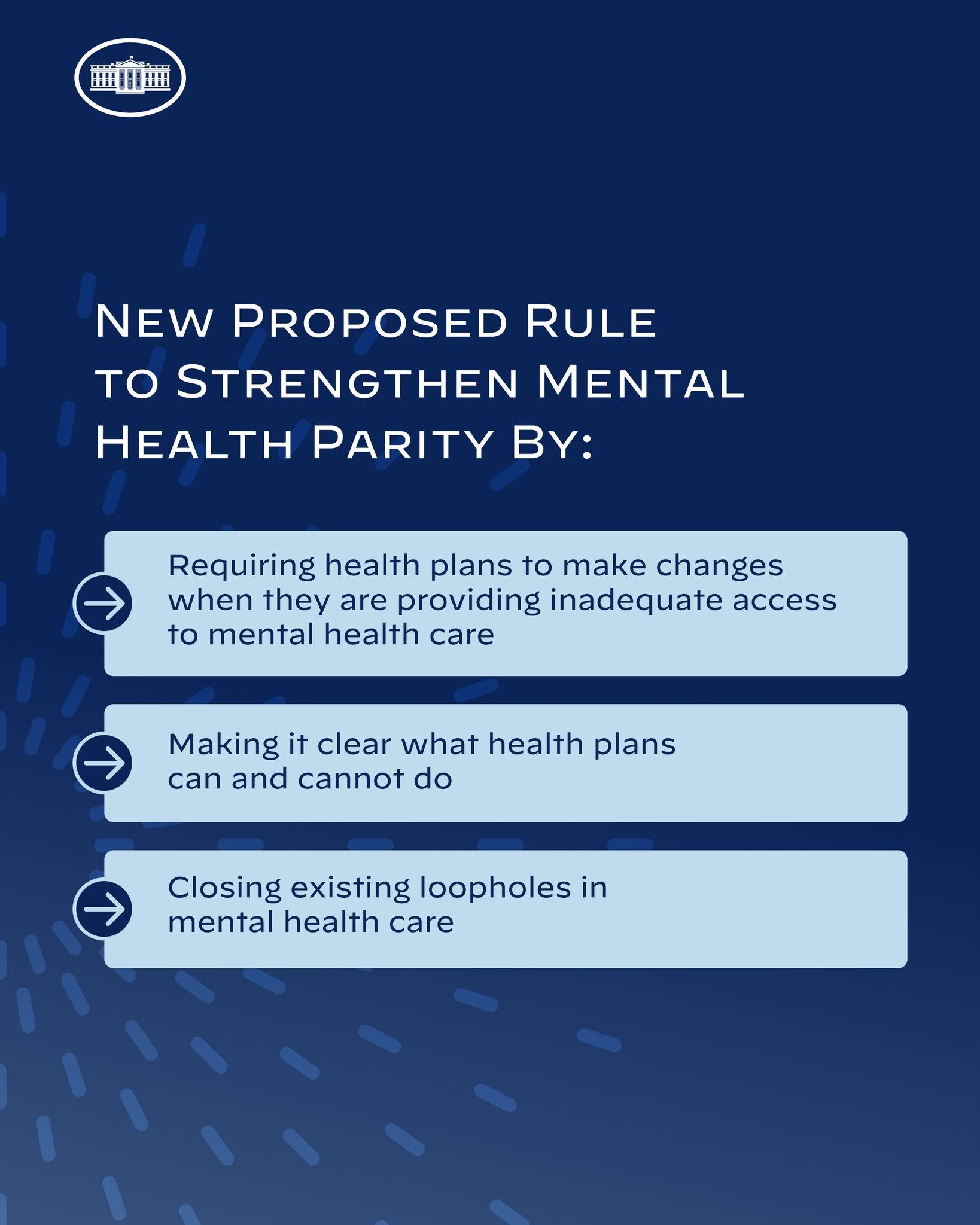 Blauer Hintergrund mit wei├čer Schrift und einem wei├čen Kreis-Logo mit einer blauen Umrandung, das eine neue Regel zur St├Ąrkung der psychischen Gesundheit vorschl├Ągt.