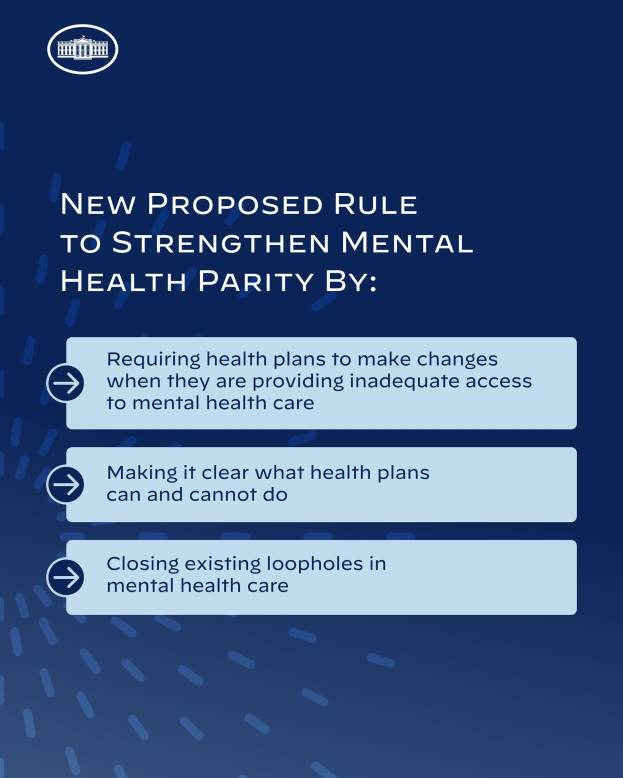 Blauer Hintergrund mit wei├čer Schrift und einem wei├čen Kreis-Logo mit einer blauen Umrandung, das eine neue Regel zur St├Ąrkung der psychischen Gesundheit vorschl├Ągt.