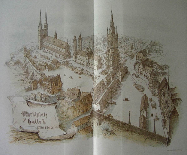 Eine detaillierte Zeichnung des Marktplatzes in Galle, Deutschland, auf den Seiten eines offenen Buches mit sichtbarem Text und umgeben von Gebäuden.