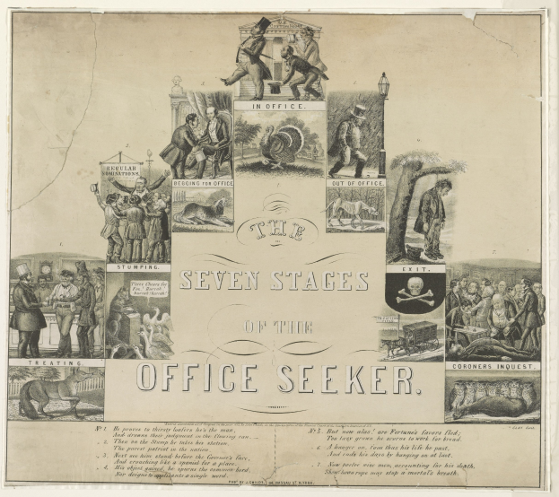 Ein Papier mit detaillierten Illustrationen und Text, das die sieben Phasen eines Bürosuchenden darstellt, einschließlich beschrifteter Rollen und Verantwortlichkeiten von Menschen, Tieren und Gegenständen.