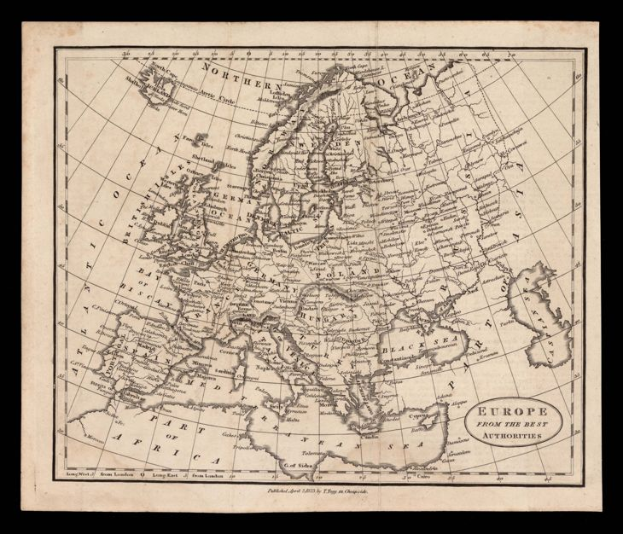 Eine detaillierte Europakarte auf schwarzem Hintergrund, die verschiedene Länder und Regionen mit Textbeschriftungen zeigt.