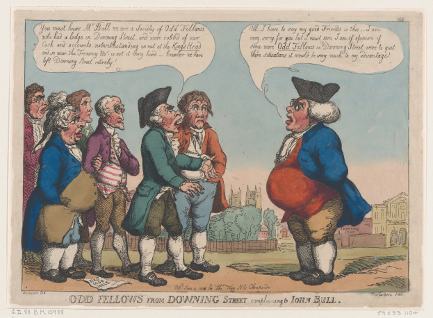 Cartoon, das eine Gruppe von Menschen vor einem Gebäude, Bäumen und Himmel zeigt, mit Text unten, der 'odd fellows from downing street complaining to John Bull' lautet.