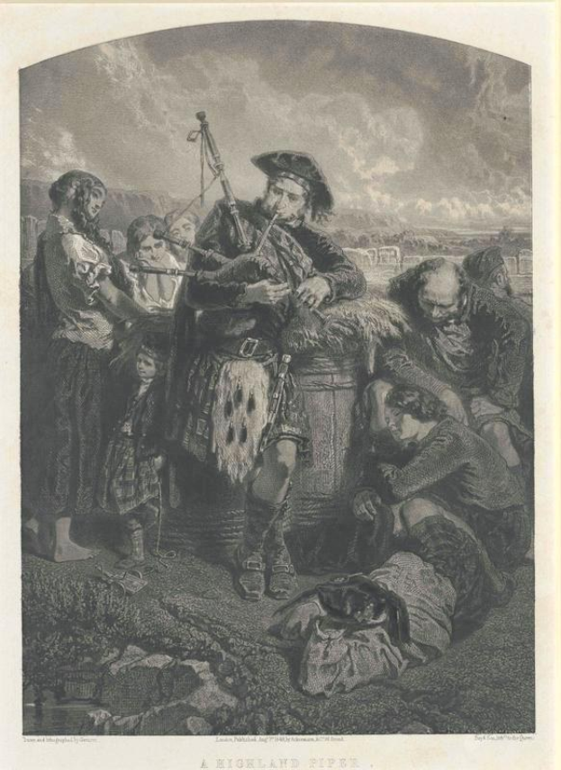 Schwarze und weiße Gravur eines Mannes, der eine Dudelsack vor einer Gruppe von Menschen spielt, mit einem bewölkten Himmel im Hintergrund und der Inschrift "Ein Highland-Pfeifer" unten.