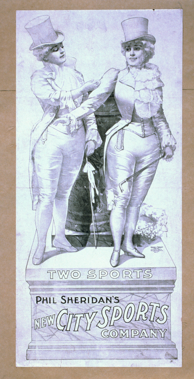 Ein Vintage-Plakat für die New City Sports Company von Phil Sheridan, das zwei Personen nebeneinander zeigt, mit Text zur Beschreibung des Unternehmens und seiner Dienstleistungen.