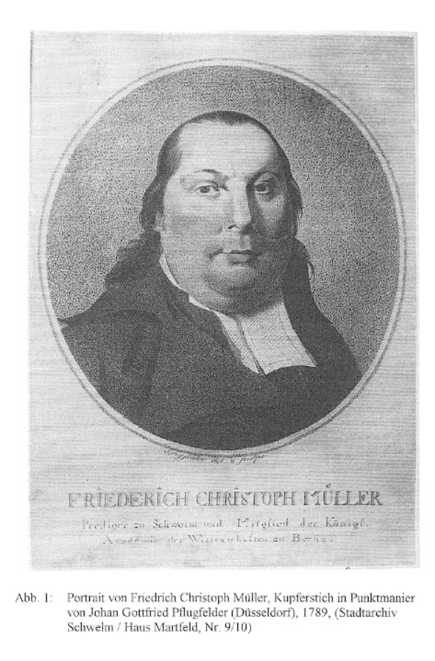 Schwarzes und weißes Portr├Ąt von Friedrich Christoph M├╝ller, ein Mann mit ernstem Gesichtsausdruck, mit deutschem Text unten.