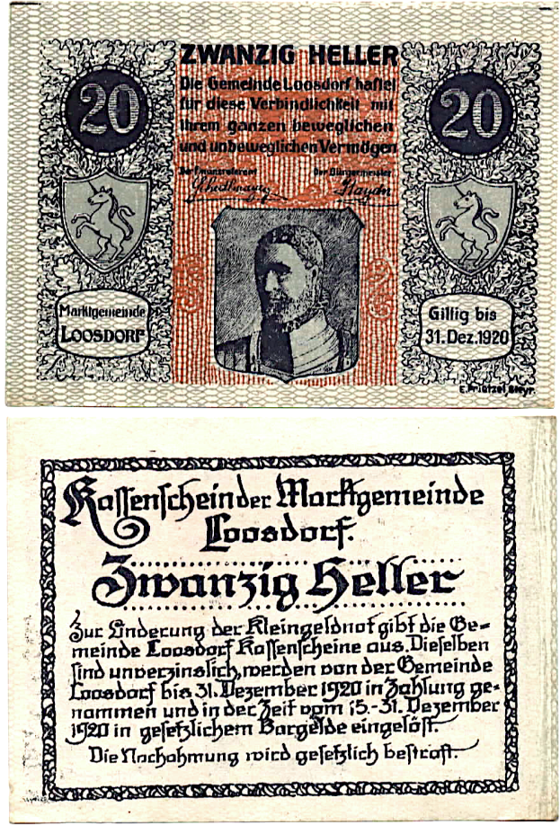 Eine alte deutsche Banknote mit einem ernsten Mann in einem Anzug darauf, mit der Aufschrift "Zwanzig Heller".