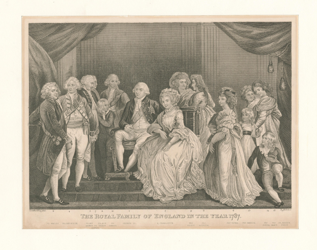 Eine Gruppenporträtaufnahme der englischen Königsfamilie im Jahr 1787, die auf einer Treppe sitzt und steht, mit Vorhängen im Hintergrund, begleitet von Text am unteren Rand.