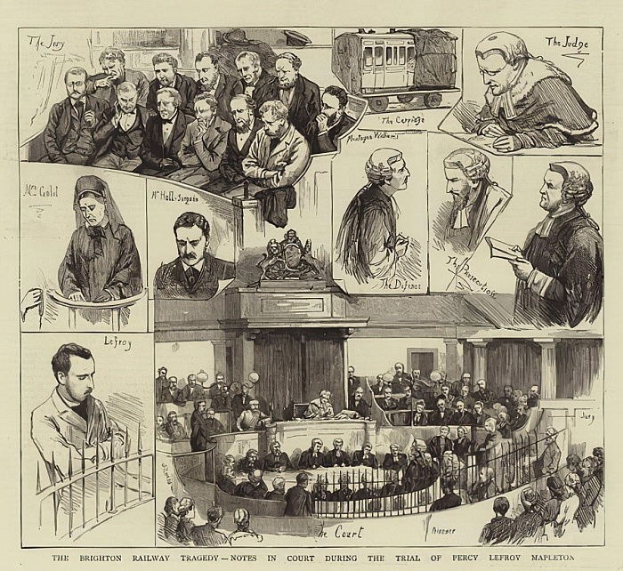 Schwarzes und weißes Gerichtsszenario mit einer stehenden Person, die ein Buch hält, einer Bahn im Hintergrund und dem Text "The Brighton Railway Tragedy - Notes in Court During the Trial of Percy Leffroy Mapleton" unten.
