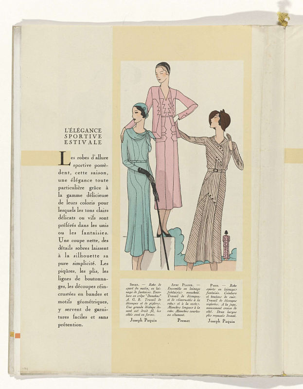 Ein aufgeschlagenes Buch mit dem Titel "L'élégance Sportive Estivale" und einer Zeichnung von drei Frauen in Kleidern, begleitet von Text und zusätzlichen Bildern der Frauen in den Kleidern.