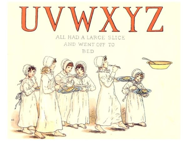 Eine Gruppe von Menschen mit Tellern voller Essen, begleitet von einer Schüssel und einem Löffel, mit Text oben lesbar "Uwxyz - Alle hatten ein großes Stück und gingen ins Bett."