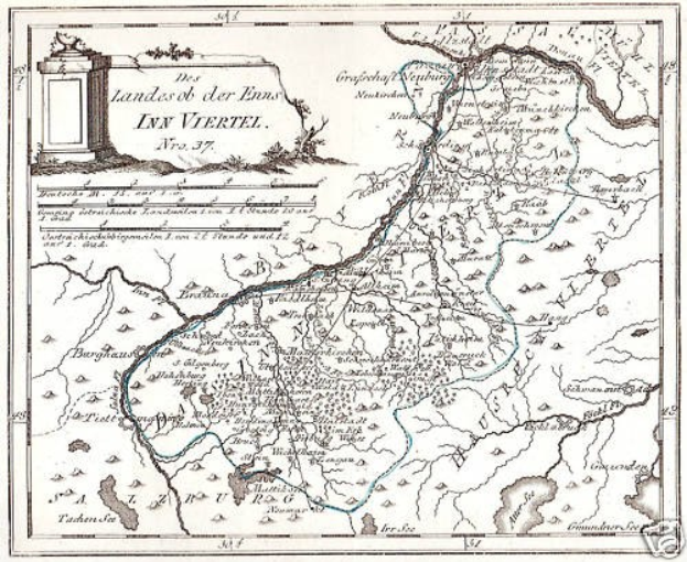 Detailierte Karte des Rheins in Deutschland auf einem Plakat, die seinen gewundenen Verlauf durch die Region mit beschrifteten Sehenswürdigkeiten und geografischen Merkmalen zeigt, begleitet von Text und einem Bild einer Säule.
