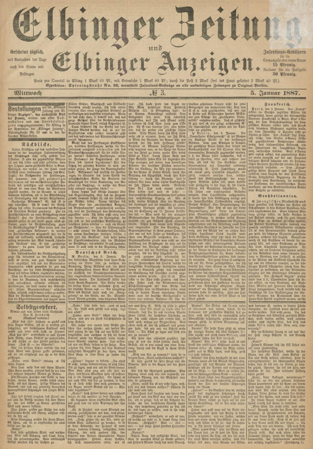 Ein Schwarz-Weiß-Bild eines Mannes in Anzug und Krawatte mit ernstem Gesichtsausdruck auf der Titelseite der 'Elbinger Reitung und Elbinger Anzeigen' vom 5. Januar 1887.