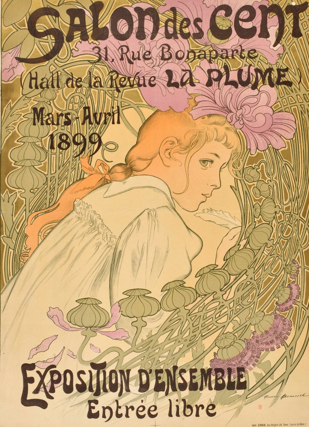 Ein Plakat wirbt für einen Salon in Paris, das eine Frau mit einem menschlichen Gesicht und Text zeigt, der den Salon und seine Dienstleistungen beschreibt.