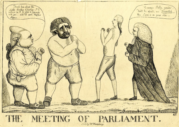 Ein Bleistiftzeichnen zeigt drei Personen, die diskutieren, wobei eine Person lebhaft gestikuliert, unter der ├ťberschrift "Die Parlamentssitzung."