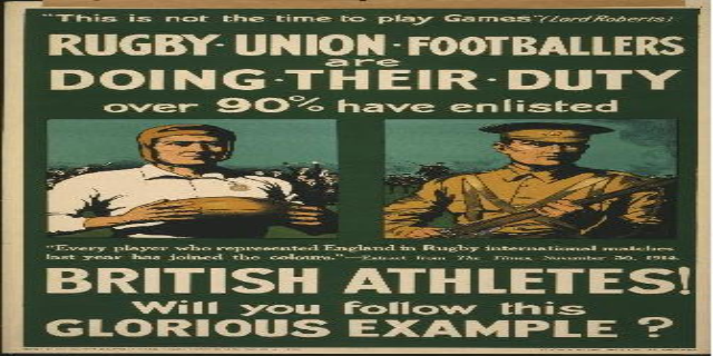 Ein Vintage-Plakat mit zwei Rugby-Union-Fußballern, die ihren Eintritt in den Dienst ankündigen, mit der Aussage, dass über 90% der britischen Athleten eingezogen sind.