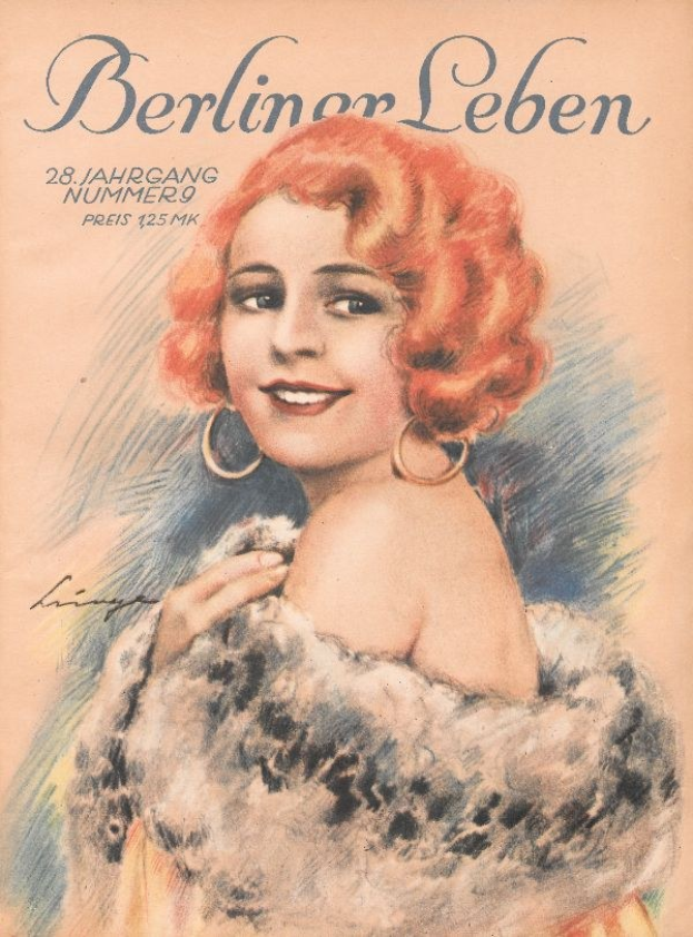 Frau mit roter Haarpracht in einem Nerzmantel auf dem Cover einer Berliner Leben-Zeitschrift im 1950er-Look mit fetter schwarzer Schrift, die 'Berliner Lebens.' lautet.