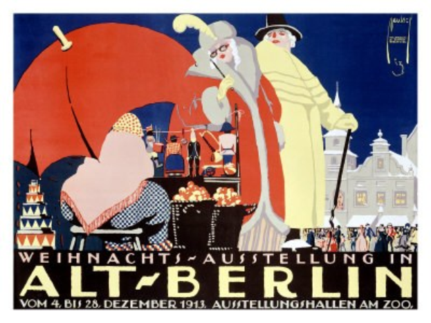 Plakat zur Ankündigung einer Weihnachtsausstellung in Alt-Berlin mit bunten Illustrationen von Menschen und Gebäuden und "Weihnachtsausstellung in Alt-Berlin" oben.