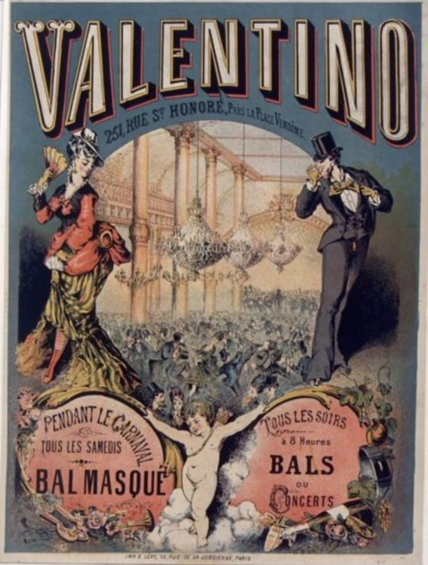 Ein Plakat, das eine Valentinstagsparty in Paris ankündigt, zeigt einen Mann in Zylinder und eine Frau in einem langen Kleid nebeneinanderstehend, mit Veranstaltungdetails darauf geschrieben.